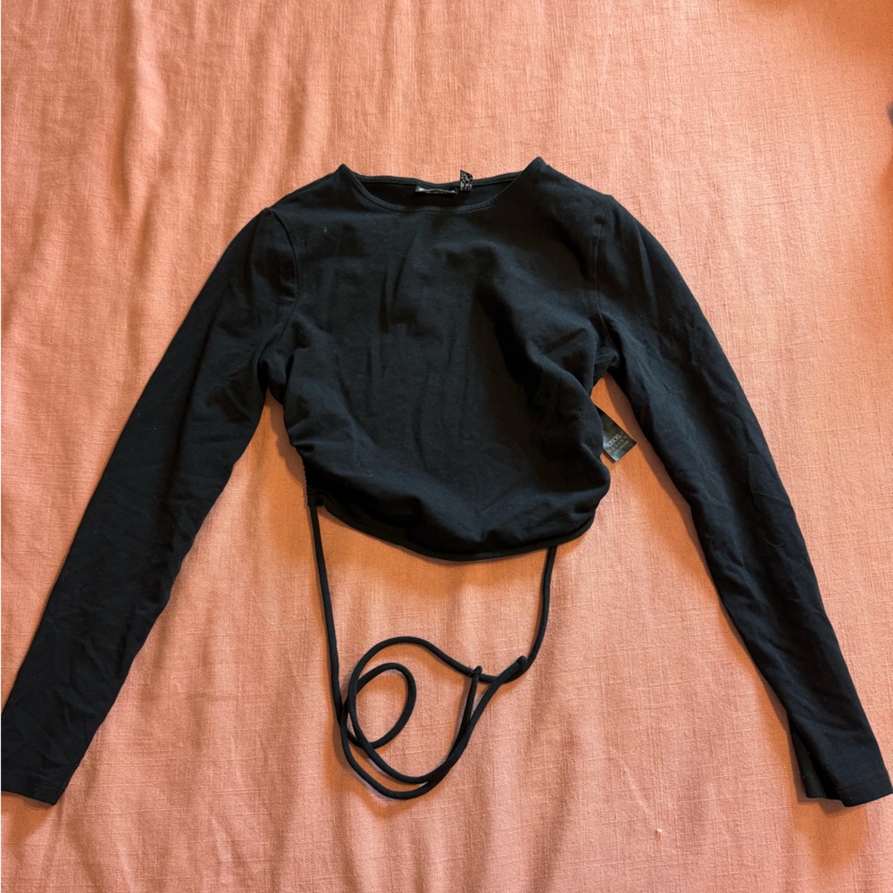 Black Long-Sleeve Wrap Crop Top